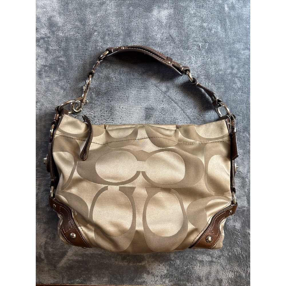 Coach Large Carly Khaki Signature Brown Leather Shoulder Bag 13306 Y2K